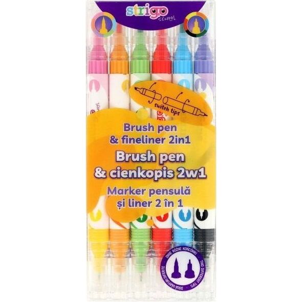 Dwustronny cienkopis i flamaster z końcówką Brush 6 kolorów STRIGO