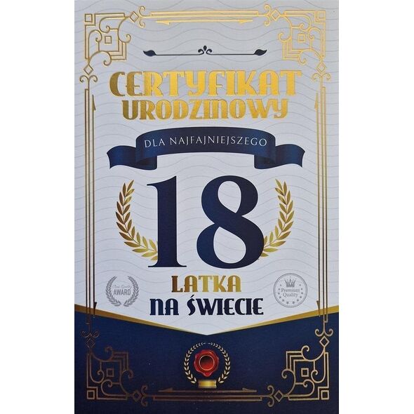 Karnet Certyfikat Urodzinowy 18 urodziny męskie