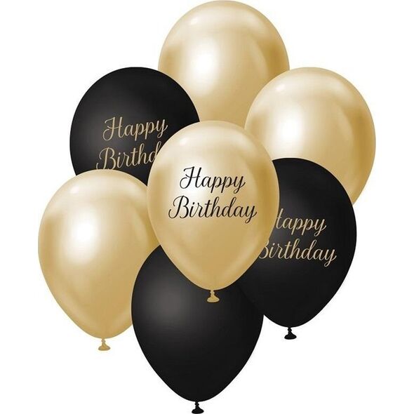 Balony B&C j. złoto-czarny Happy Birthday 7szt