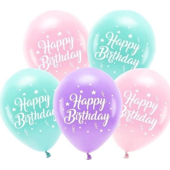 Balony Eco Happy Birthday różowy 26cm 5szt