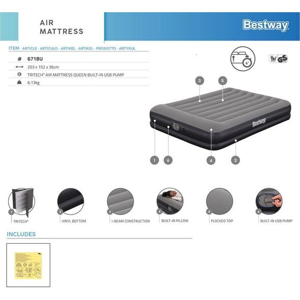 Bestway dmuchany Materac Tritech z wbudowaną pompką USB 152x203cm 671BU