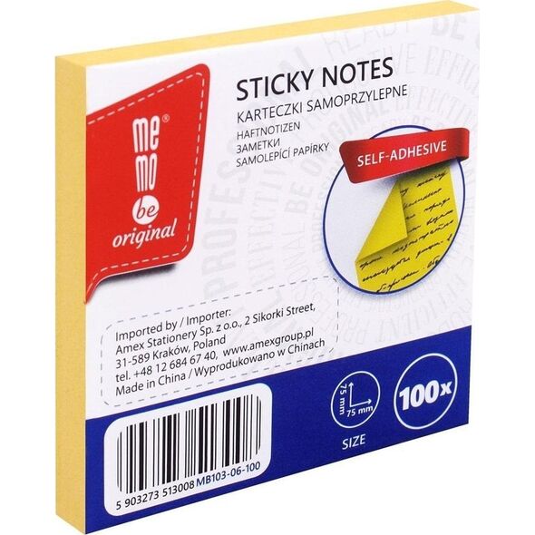 Bloczek samoprzylepny 75x75mm 100K żółty MemoBe