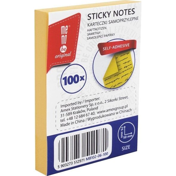 Bloczek samoprzylepny 50x75mm 100K żółty MemoBe