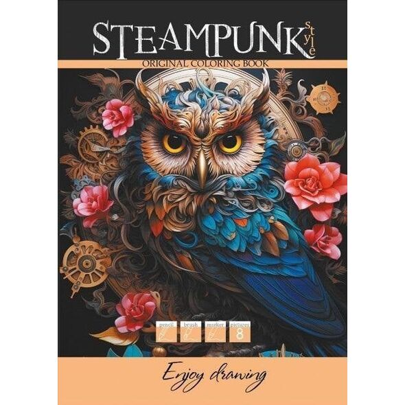 Kolorowanka A4 8 obrazków Steampunk Sowa