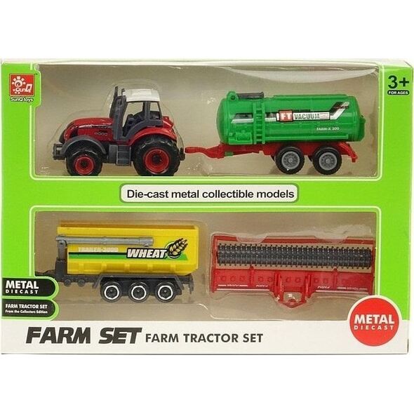 Traktor metalowy z 3 maszynami rolniczymi