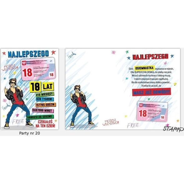 Karnet Party naklejany B6+koperta Urodziny 18 wz20