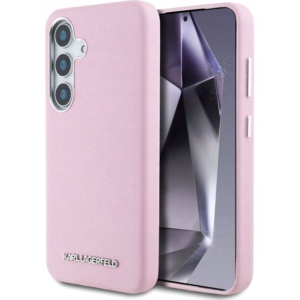 Karl Lagerfeld Saffiano Full Wrapped Elongated Metal Logo MagSafe Case for Samsung Galaxy S25+ Pink