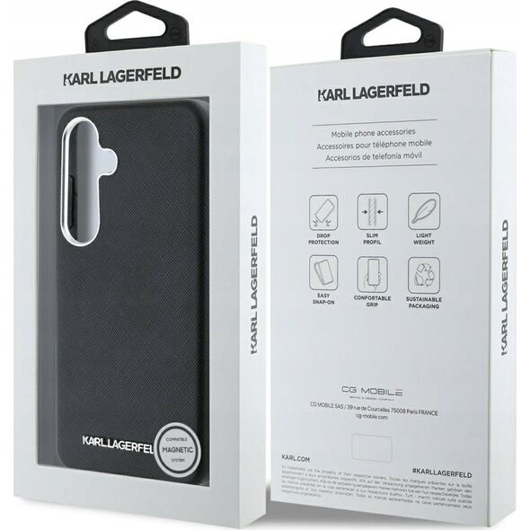 Karl Lagerfeld Saffiano Full Wrapped Elongated Metal Logo MagSafe Case for Samsung Galaxy S25 Black