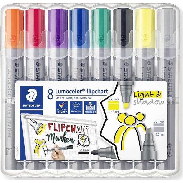 Staedtler STAEDTLER Lumocolor Flipchart-Marker 356/356B, 8er Etui nachfüllbar, DRY SAFE, auswaschbar, blockierte Spitze, - 1 Stück (356 SWP8)