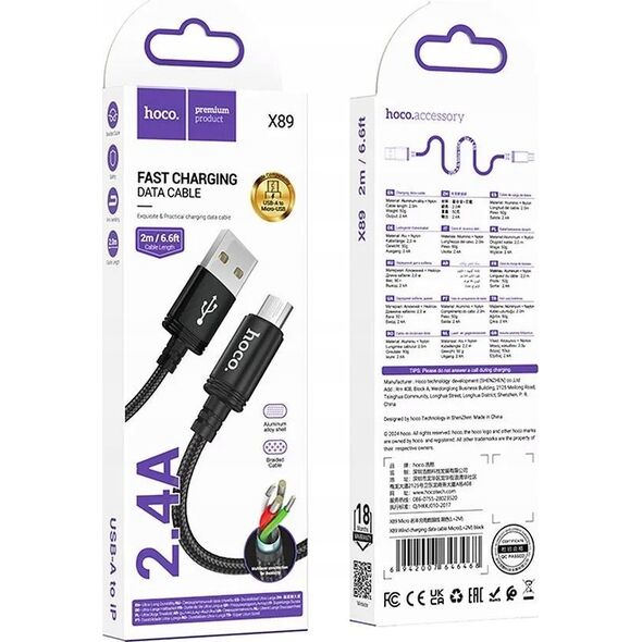 HOCO kabel USB A do Micro USB 2,4A X89 2 m czarny