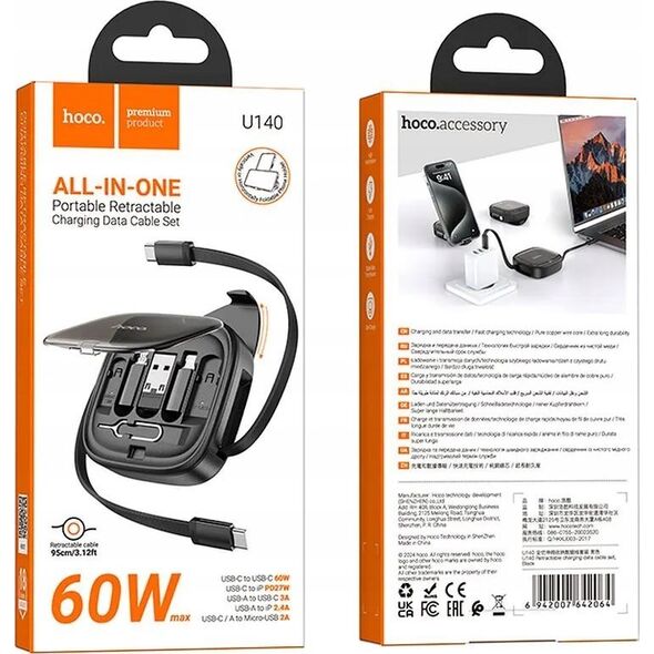 HOCO kabel All-in-one zwijany w zestawie z wymiennymi końcówkami PD 3A 60W U140 0,95 m czarny