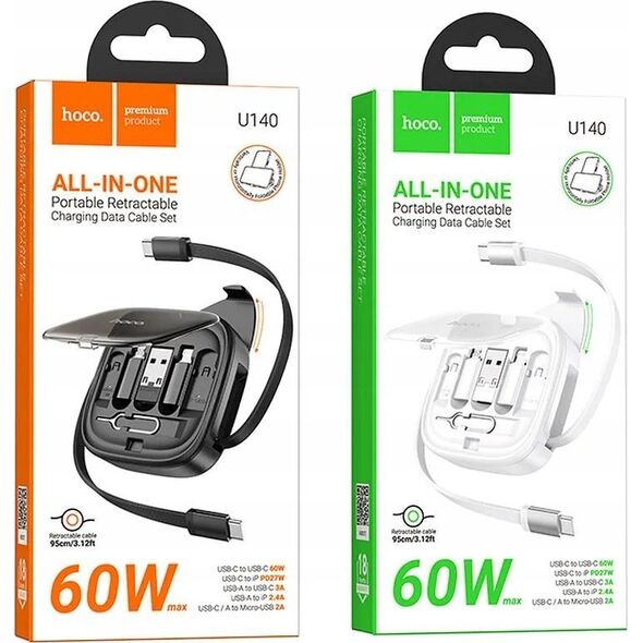 HOCO kabel All-in-one zwijany w zestawie z wymiennymi końcówkami PD 3A 60W U140 0,95 m czarny