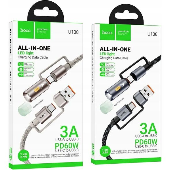 HOCO kabel All-in-one USB A / Typ C do Typ C / LED Light 3A 60W U138 1,2 m czarny