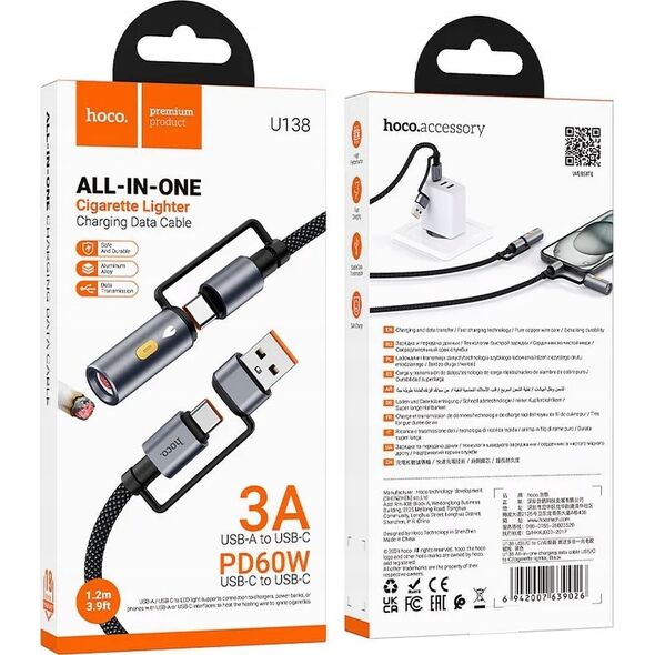 HOCO kabel All-in-one USB A / Typ C do Typ C / Zapalniczka samochodowa 3A 60W U138 1,2 m czarny