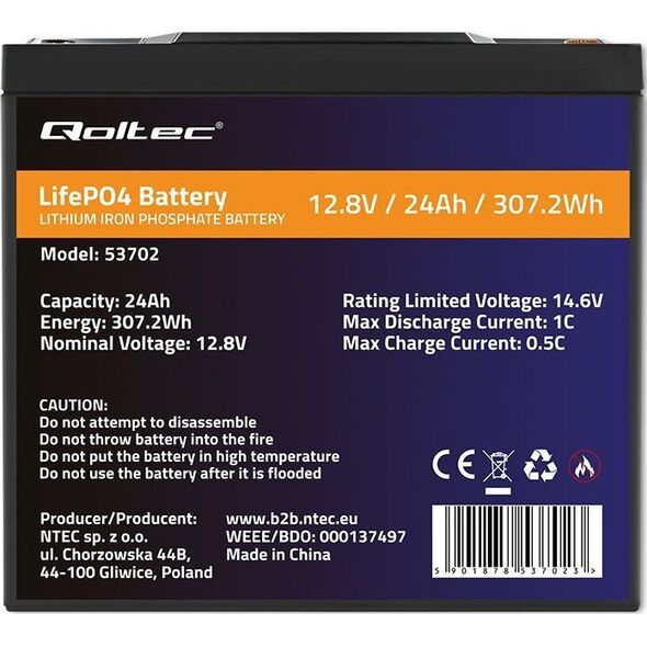Qoltec Akumulator LiFePO4 Litowo-Żelazowo-Fosforanowy | 12.8V | 24Ah | 307.2Wh | BMS