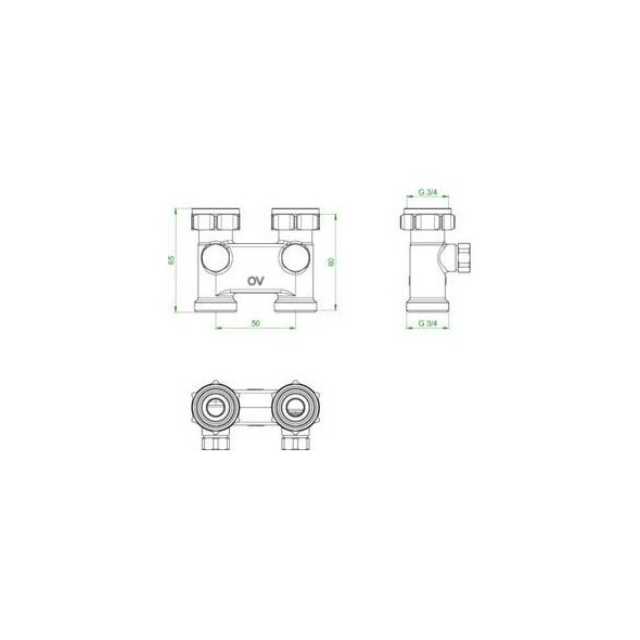 Oventrop tap block diverter piece, straight shape for swapped flow and return