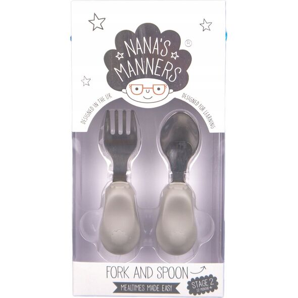 Nana`s Manners Nana's Manners, ETAP 2, Sztućce do samodzielnego jedzenia, widelec i łyżka, szare, 1-3 lat