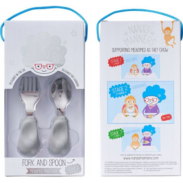 Nana`s Manners Nana's Manners, ETAP 2, Sztućce do samodzielnego jedzenia, widelec i łyżka, szare, 1-3 lat