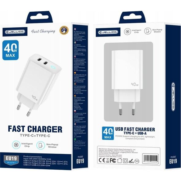 Ładowarka Jellico JELLICO ładowarka sieciowa EU19 GaN PD 40W 2xUSB-C Biały   Kabel 2x USB - C