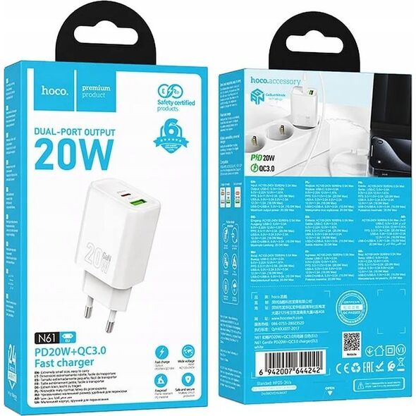 HOCO ładowarka sieciowa USB A + Typ C PD QC3.0 3A 20W N61 biała