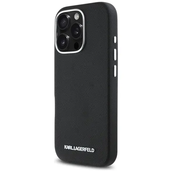Karl Lagerfeld Saffiano Full Wrapped Elongated Metal Logo MagSafe Apple iPhone 16 Pro Max black