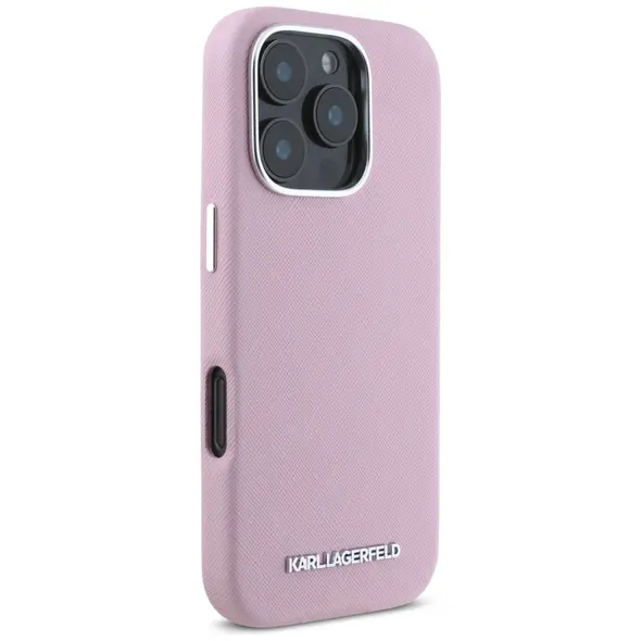 Karl Lagerfeld Saffiano Full Wrapped Elongated Metal Logo MagSafe Apple iPhone 16 Pro pink