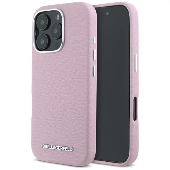Karl Lagerfeld Saffiano Full Wrapped Elongated Metal Logo MagSafe Apple iPhone 16 Pro pink