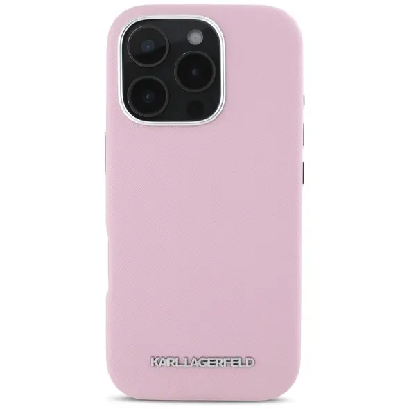 Karl Lagerfeld Saffiano Full Wrapped Elongated Metal Logo MagSafe Apple iPhone 16 Pro Max pink