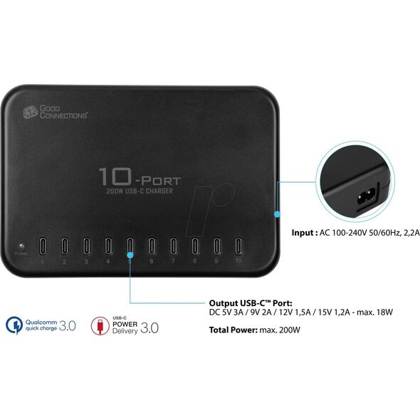 USB HUB Καλές συνδέσεις Καλές συνδέσεις USB-Desktop-Schnellladestation 200W 10Port 13979322 4014619881277