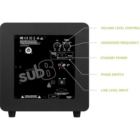 KANTO AUDIO 8-INCH SEALED POWERED SUBWOOFER W. RCA CABLE - MATTE BLACK (INCL. TYPE C & G POWER CORDS)