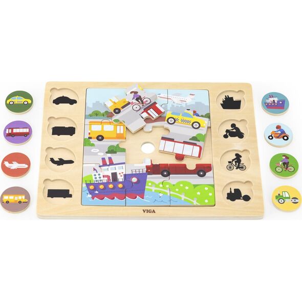 Viga Toys VIGA Drewniane Puzzle Odgadnij po Cieniu  - Środki Transportu Układanka 17 el.