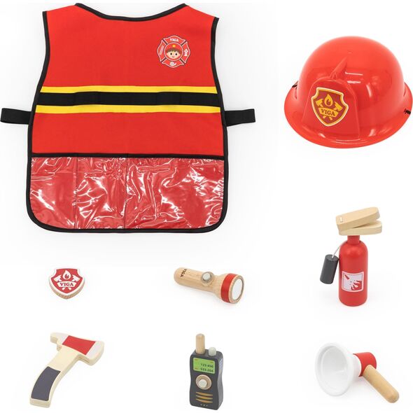 Viga Toys VIGA Zestaw Małego Strażaka Kamizelka + Drewniane akcesoria 8 el.