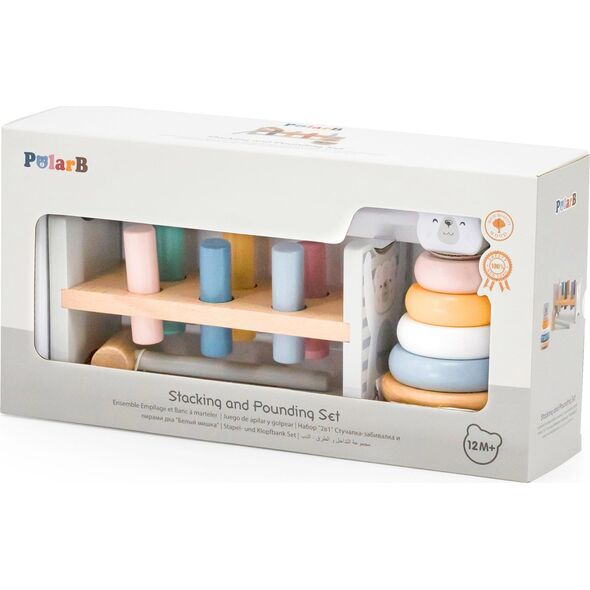 Viga Toys VIGA PolarB Zestaw Drewniana Piramidka + Przebijanka z Młoteczkiem Miś Polarny Montessori