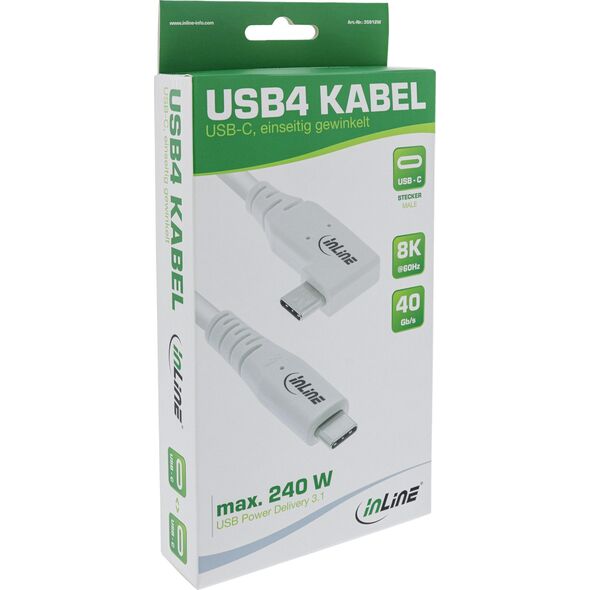 Kabel USB InLine InLine® USB4 cable, USB Type-C, one side angled, PD 240W, 8K60Hz, TPE white, 0.5m
