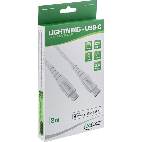 InLine InLine® USB-C Lightning cable, for iPad, iPhone, iPod, silver/aluminium, 1m MFi-Certified