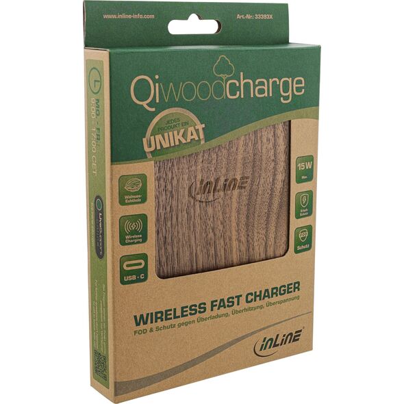 Ładowarka InLine InLine® Qi woodcharge, Smartphone wireless fast charger, 5/7,5/10W/15W, type C