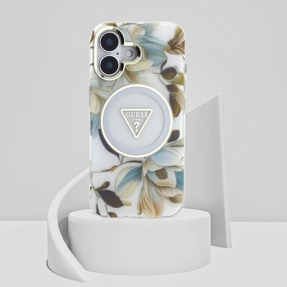 Etui Guess Glitter Flowers Triangle       Buttons MagSafe do iPhone 16 biały