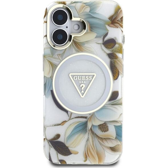 Etui Guess Glitter Flowers Triangle       Buttons MagSafe do iPhone 16 biały