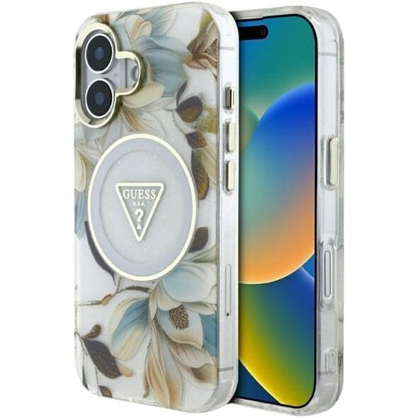 Etui Guess Glitter Flowers Triangle       Buttons MagSafe do iPhone 16 biały