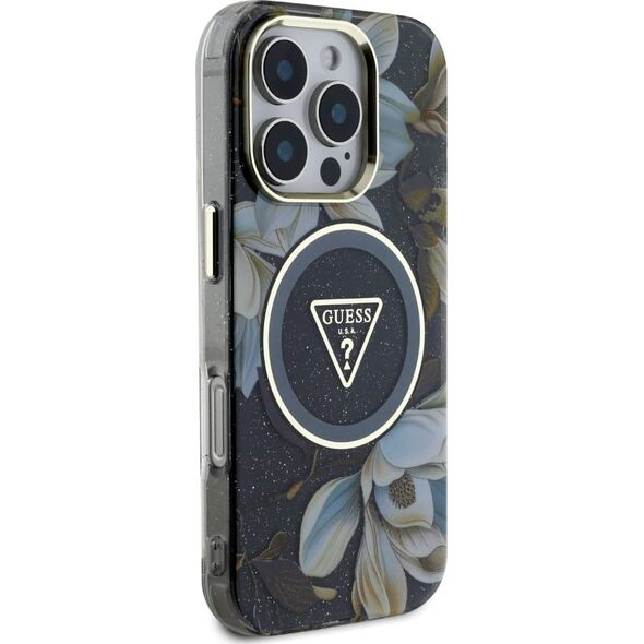 Etui Guess Glitter Flowers Triangle       Buttons MagSafe do iPhone 16 Pro Max czarny