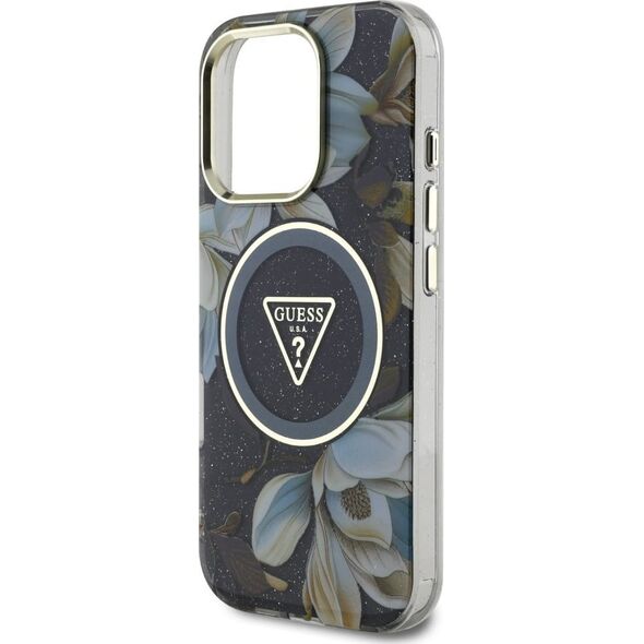 Etui Guess Glitter Flowers Triangle       Buttons MagSafe do iPhone 16 Pro Max czarny
