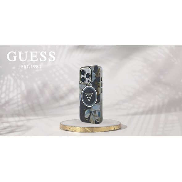 Etui Guess Glitter Flowers Triangle       Buttons MagSafe do iPhone 16 Pro czarny