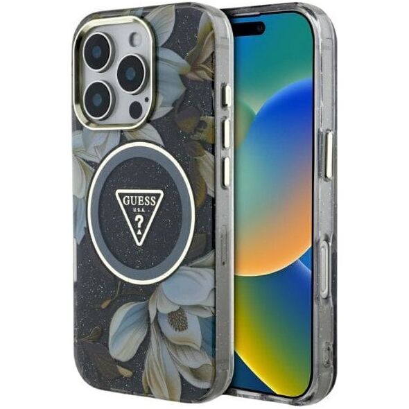 Etui Guess Glitter Flowers Triangle       Buttons MagSafe do iPhone 16 Pro czarny