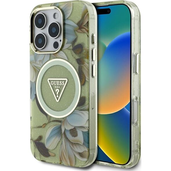 Etui Guess Glitter Flowers Triangle       Buttons MagSafe do iPhone 16 Pro zielony