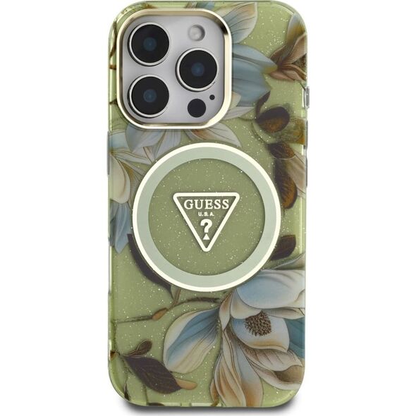 Etui Guess Glitter Flowers Triangle       Buttons MagSafe do iPhone 16 Pro zielony
