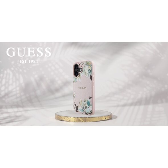 Etui Guess Grained Printed Flower         Pattern MagSafe do iPhone 16 różowy