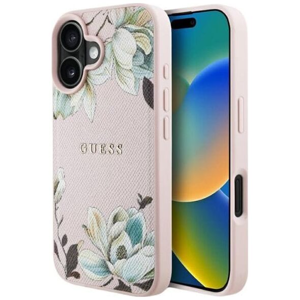 Etui Guess Grained Printed Flower         Pattern MagSafe do iPhone 16 różowy