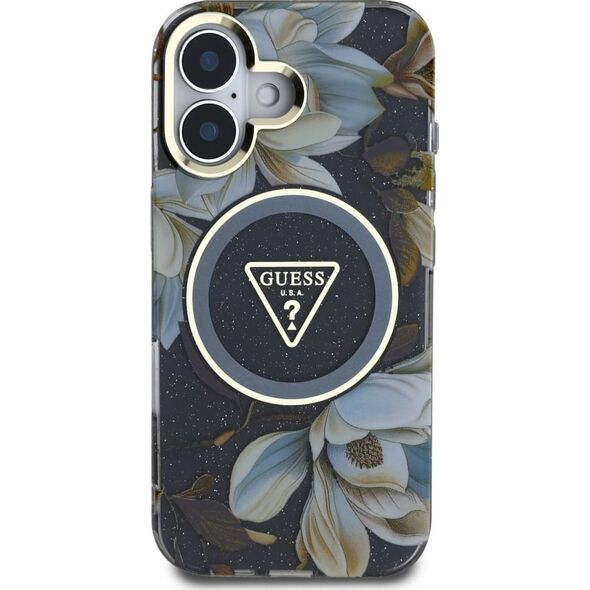 Etui Guess Glitter Flowers Triangle       Buttons MagSafe do iPhone 16 czarny