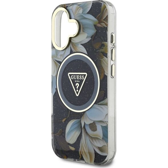 Etui Guess Glitter Flowers Triangle       Buttons MagSafe do iPhone 16 czarny
