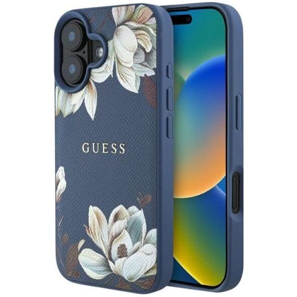 Etui Guess Grained Printed Flower         Pattern MagSafe do iPhone 16 niebieski